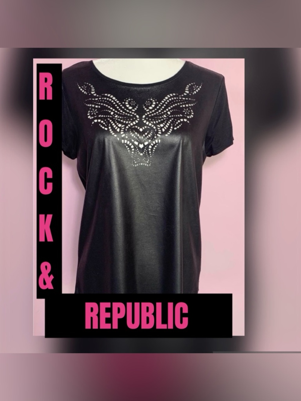 Rock & Republic Coated Faux Leather Laser Cut Top Black L